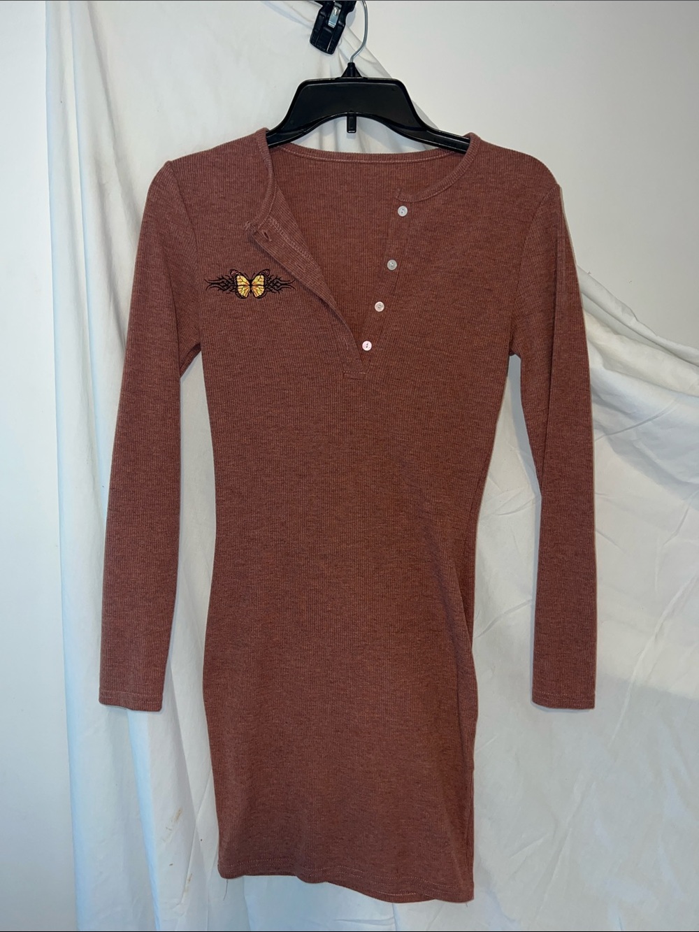 Long Sleeve Mini Dress with Butterfly Accent - Rust